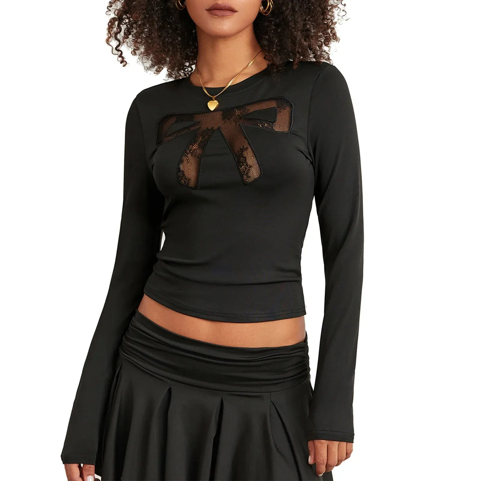 Out Lace Bow Y2K Long Sleeve Crewneck Slim Fit Cut T-shirt